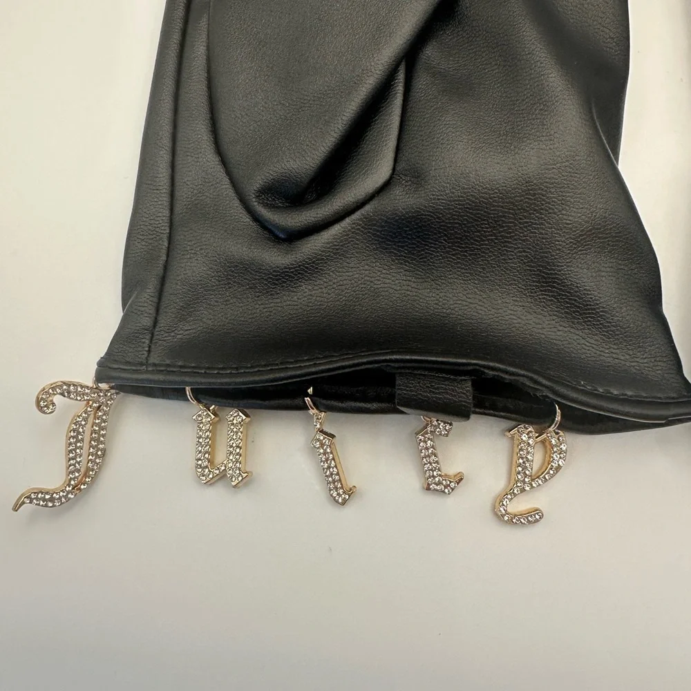 Juicy Couture Black Gloves Gold Rhinestone Dangle Bling Charm Faux Leather Y2K